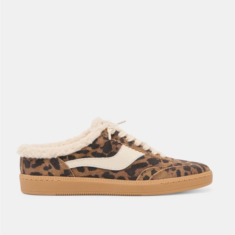 Dolce Vita Leopard Print Sherpa-Trim Sneaker in Brown and Cream